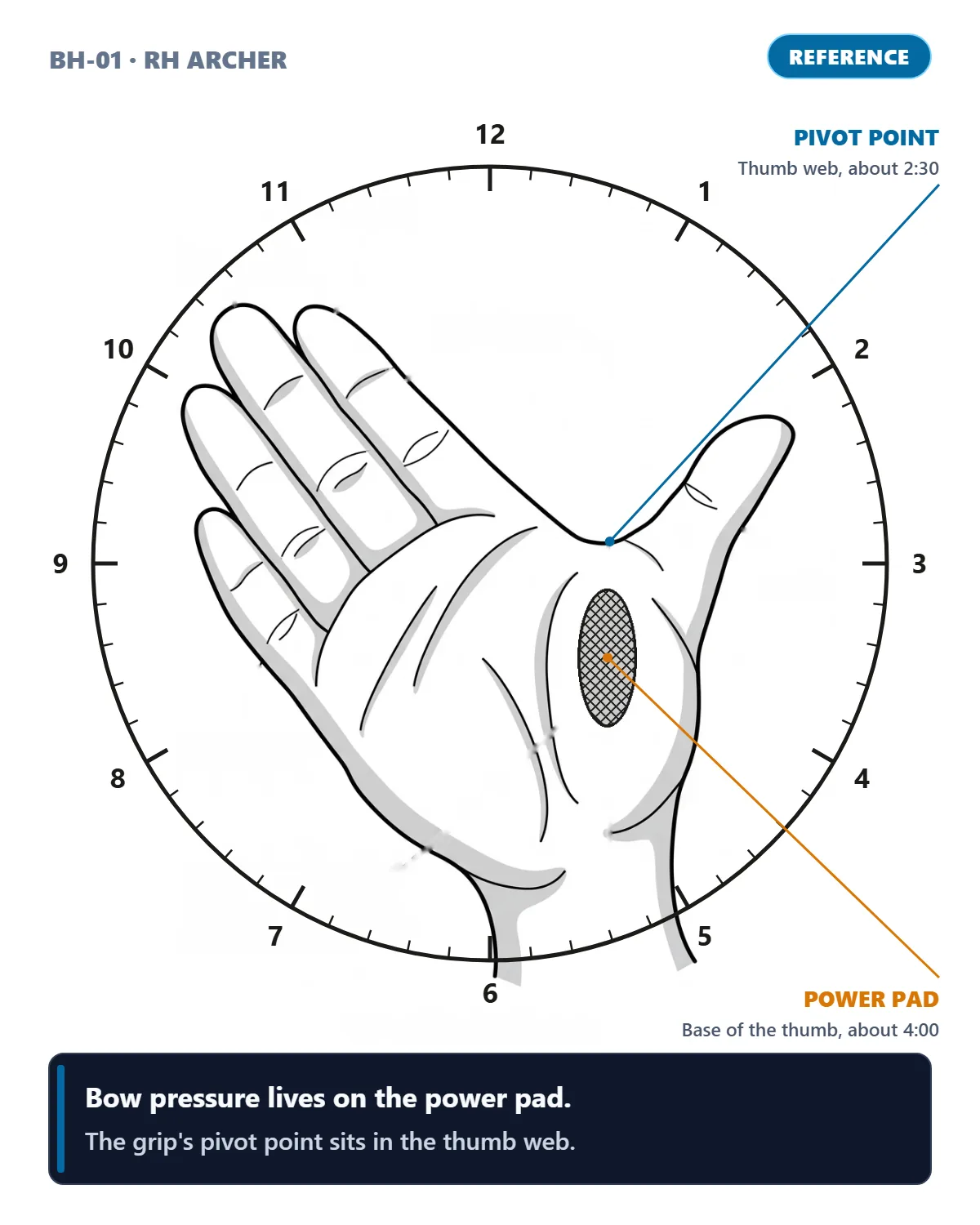 Open Bow Hand on Clock Face (right-handed archer)